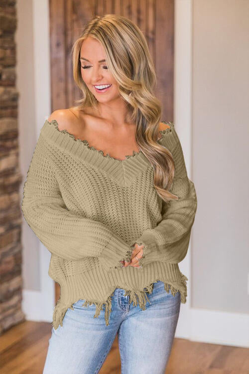 Frayed Hem Dropped Shoulder Sweater, S-2XL, several colors