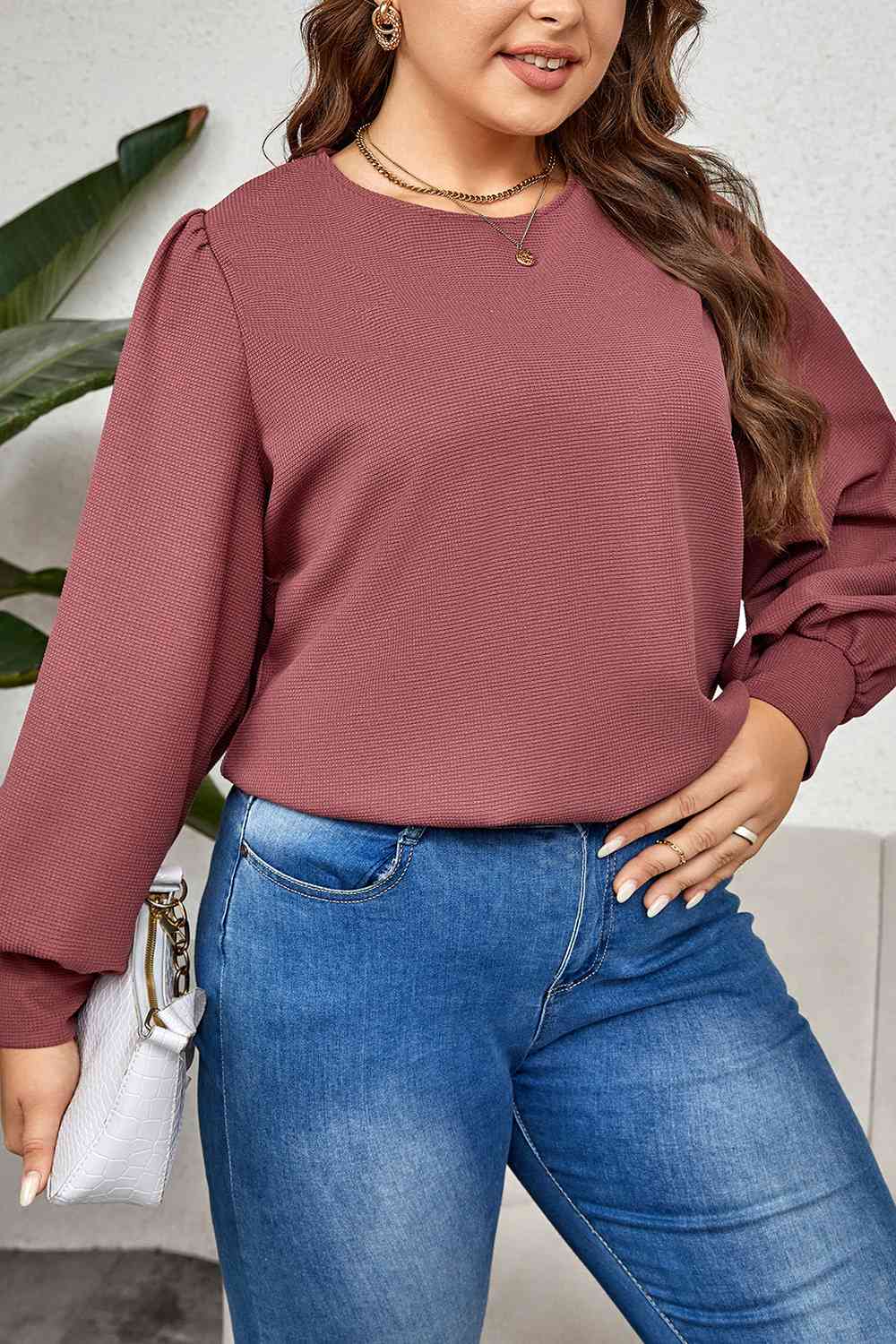 Plus Size Round Neck Puff Sleeve Top, 1XL-4XL