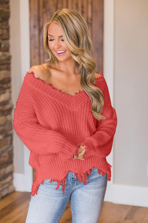 Frayed Hem Dropped Shoulder Sweater, S-2XL, several colors