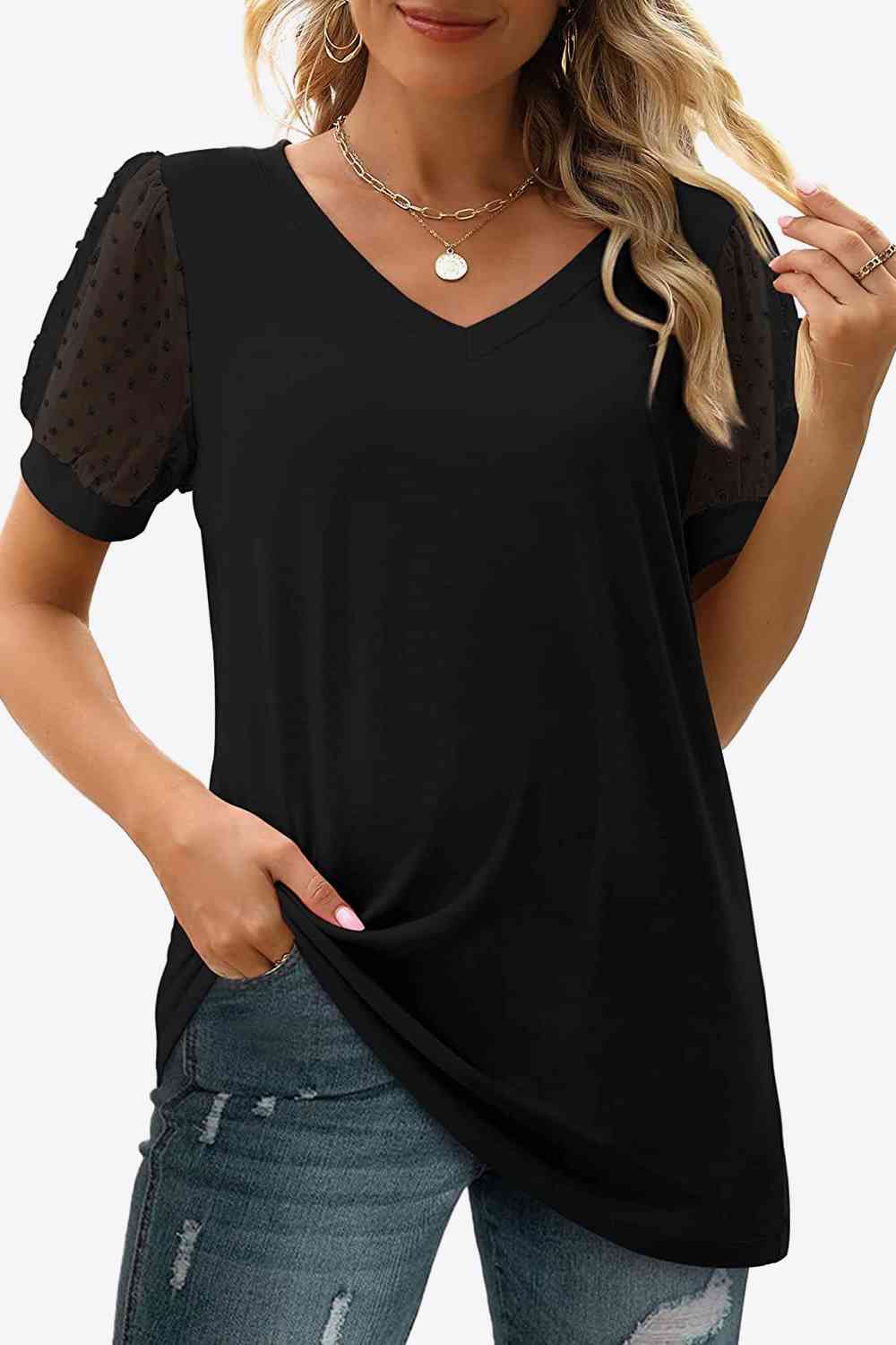 Swiss Dot Puff Sleeve V-Neck Tee, S-2XL, several color choices