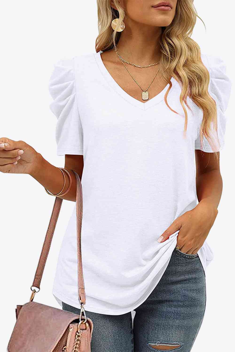 V-Neck Puff Sleeve Tee, S-2Xl, several color choices