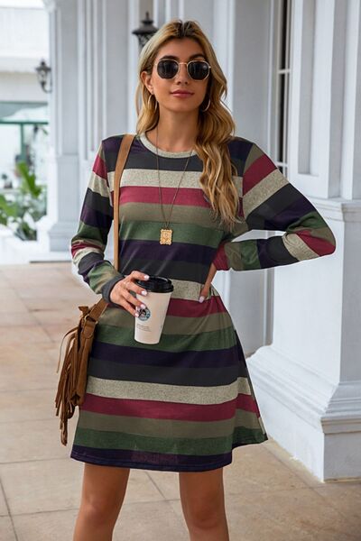 Striped Round Neck Long Sleeve Dress, S-2XL, several color choices