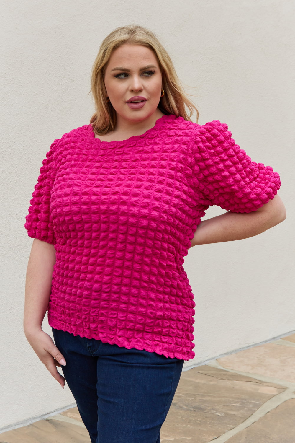 Bubble Textured Puff Sleeve Top, S-3XL