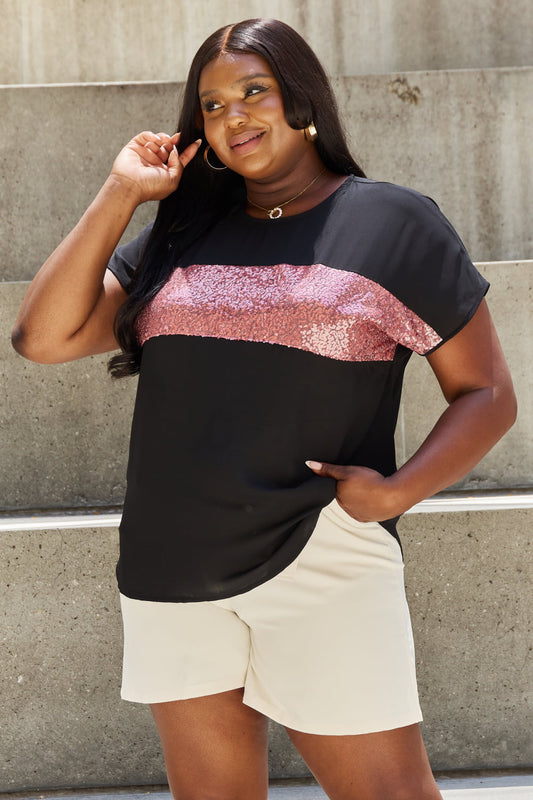 Shine Bright Center Mesh Sequin Top in Black/Mauve, S-3XL