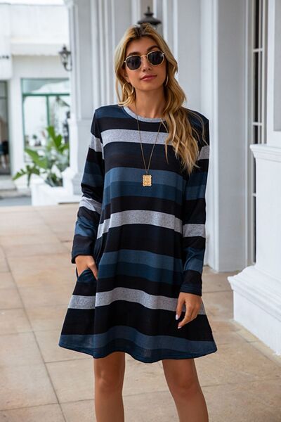 Striped Round Neck Long Sleeve Dress, S-2XL, several color choices