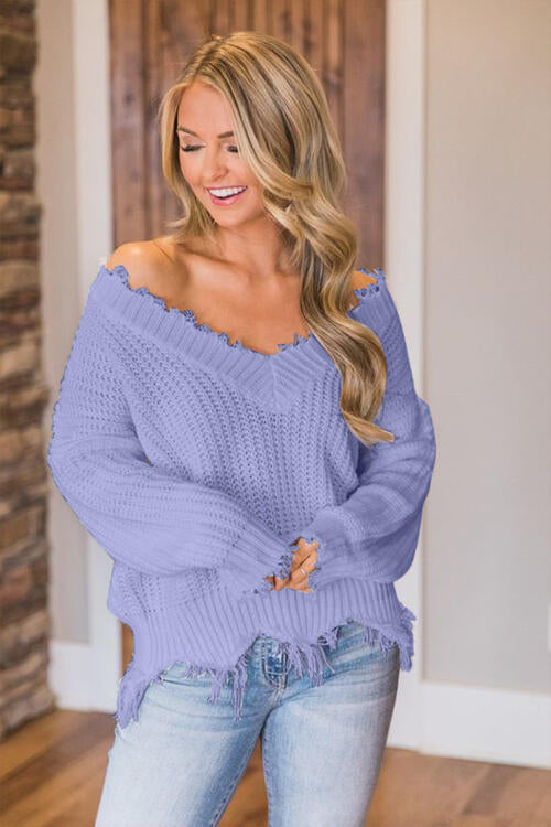 Frayed Hem Dropped Shoulder Sweater, S-2XL, several colors