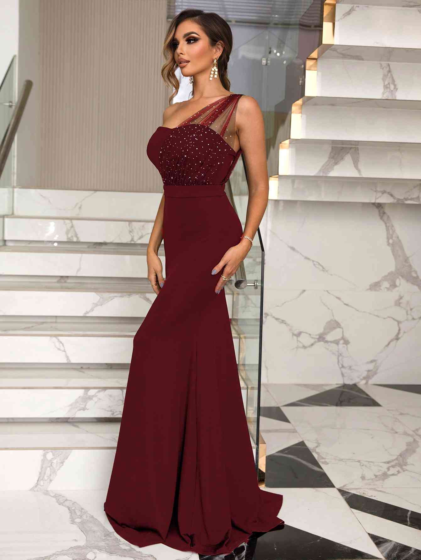 Rhinestone One-Shoulder Formal Dress, XS-L, several color choices