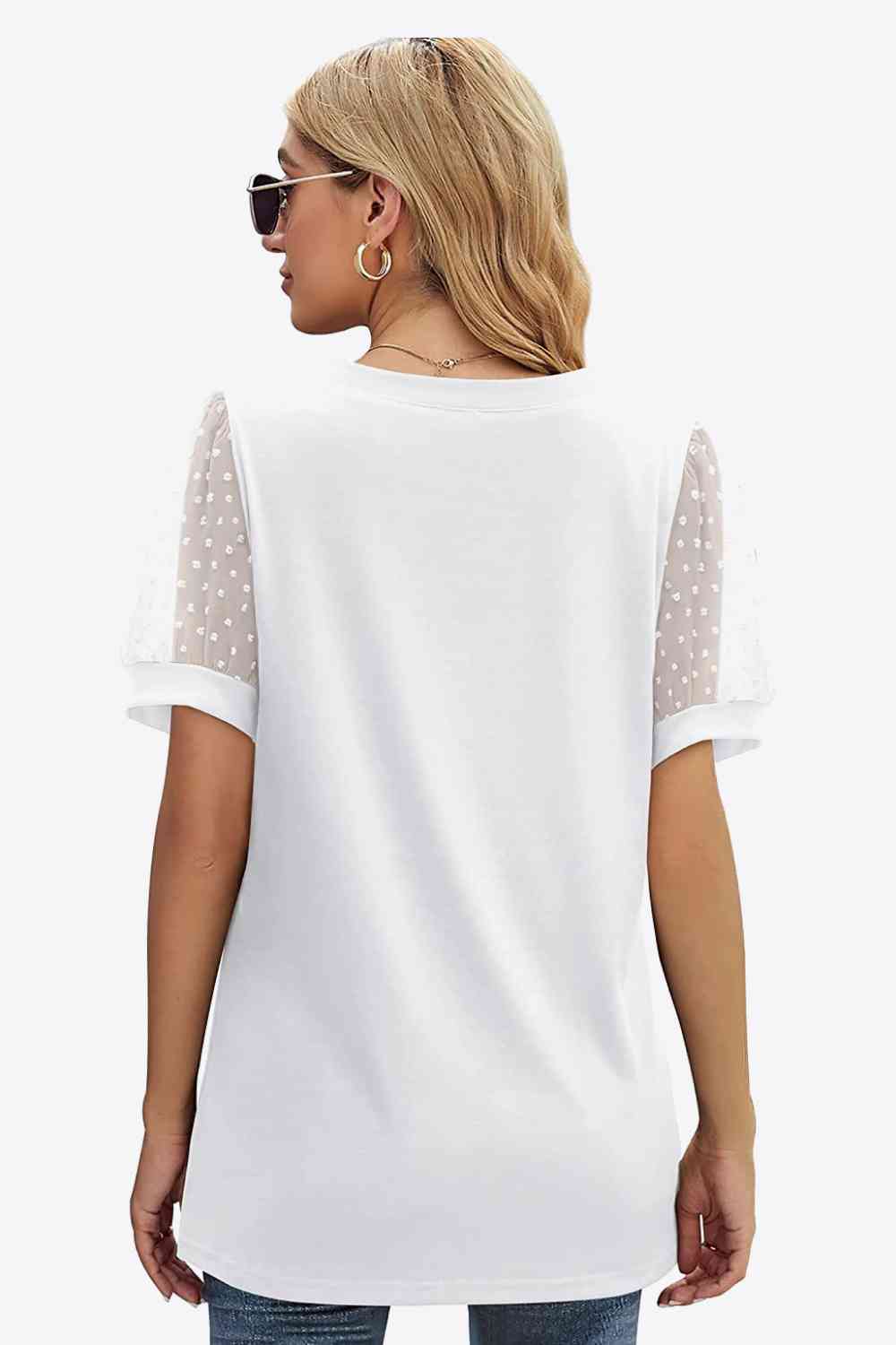 Swiss Dot Puff Sleeve V-Neck Tee, S-2XL, several color choices