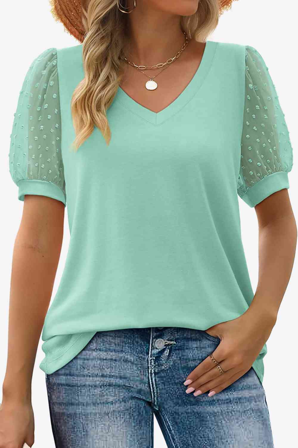 Swiss Dot Puff Sleeve V-Neck Tee, S-2XL, several color choices