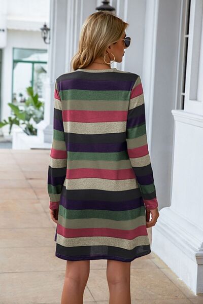 Striped Round Neck Long Sleeve Dress, S-2XL, several color choices