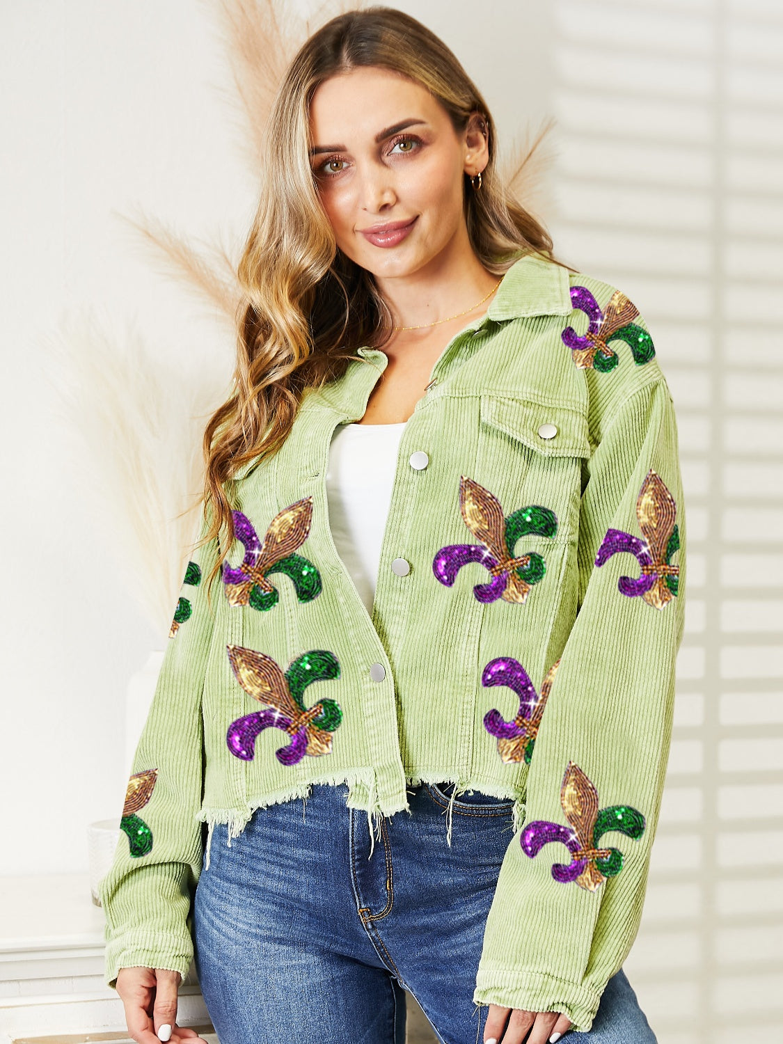 Mardi Gras Sequin Fleur De Lis Raw Hem Jacket, S-XL, four color choices