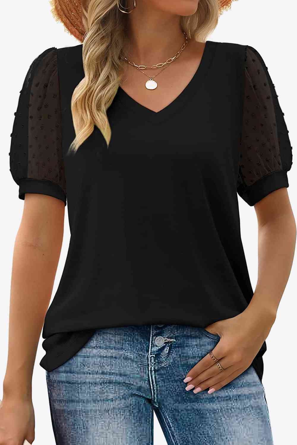 Swiss Dot Puff Sleeve V-Neck Tee, S-2XL, several color choices