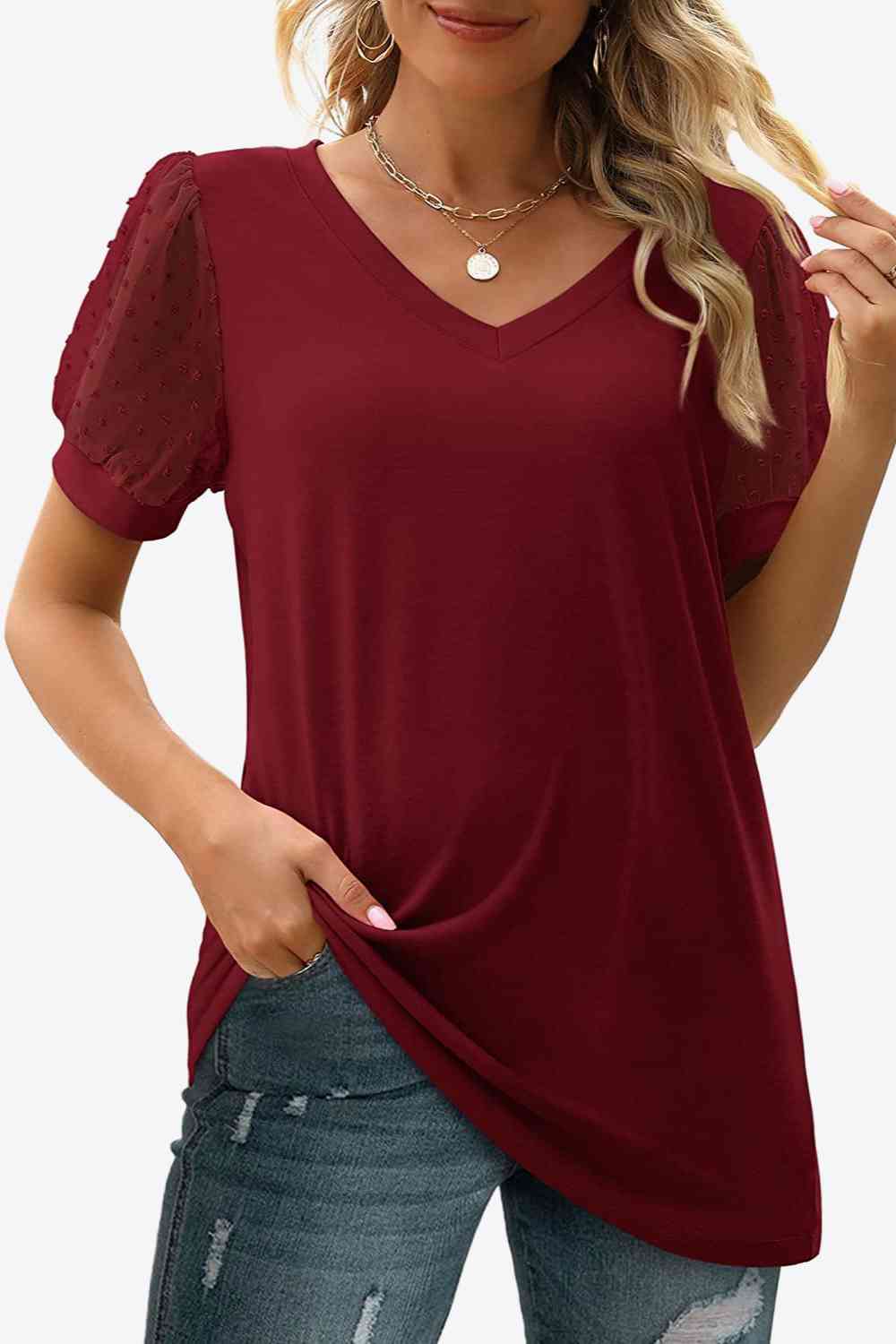 Swiss Dot Puff Sleeve V-Neck Tee, S-2XL, several color choices