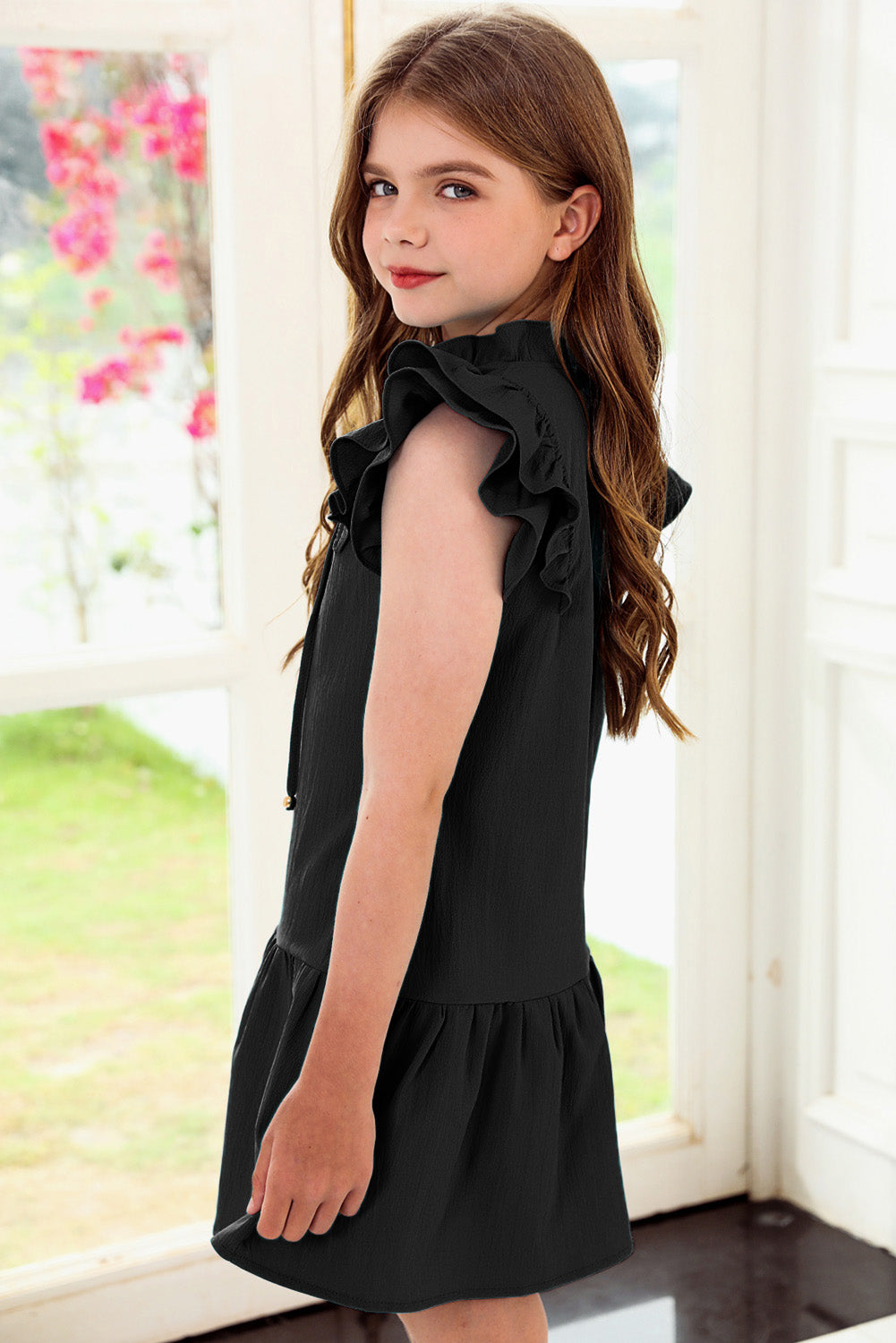 Girls Tie Neck Flutter Sleeve Dress, several color choices