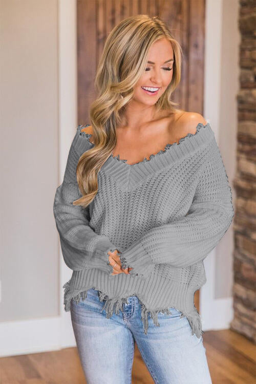 Frayed Hem Dropped Shoulder Sweater, S-2XL, several colors