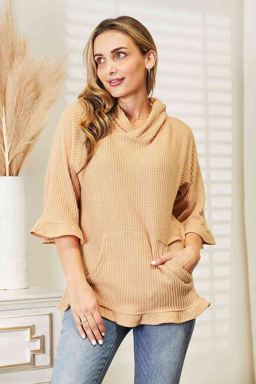 Waffle-Knit Ruffle Hem Hoodie, S-3XL, several color choices