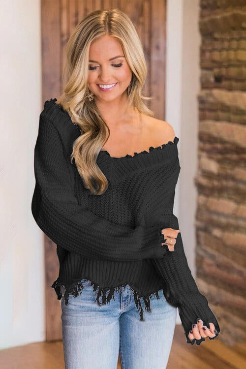 Frayed Hem Dropped Shoulder Sweater, S-2XL, several colors