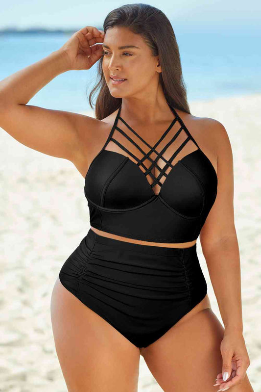 Halter Neck Crisscross Ruched Two-Piece Swimsuit, M-3XL, two color choices