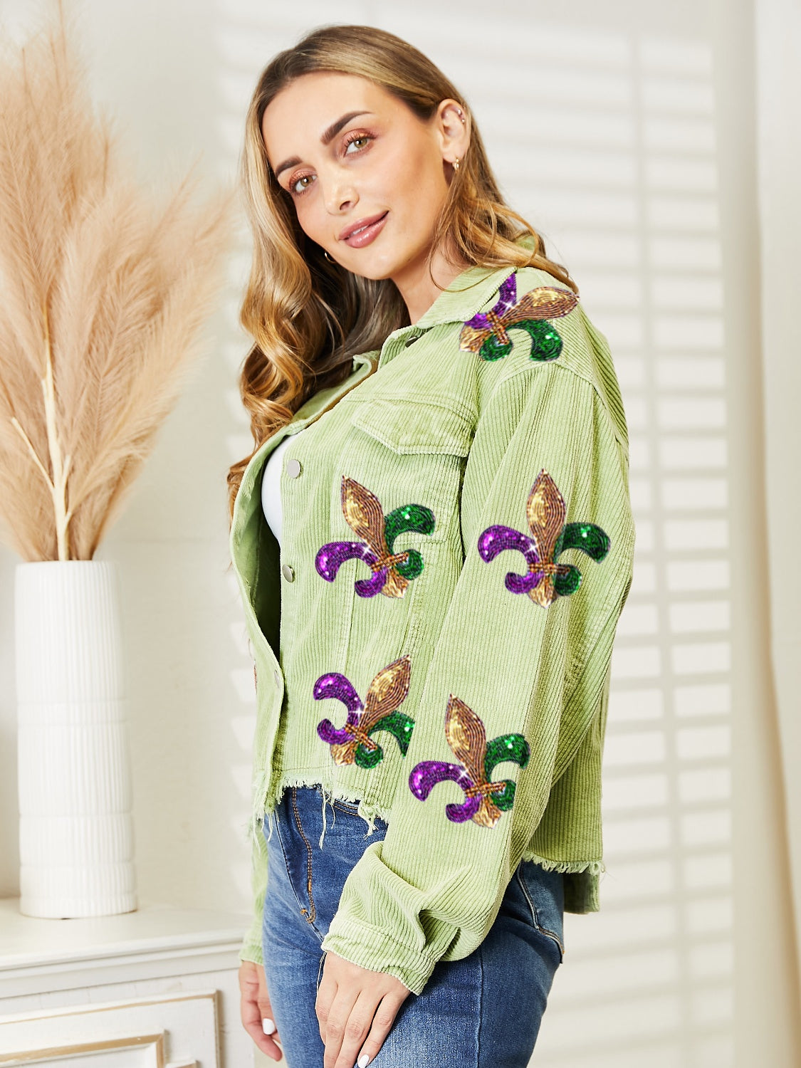 Mardi Gras Sequin Fleur De Lis Raw Hem Jacket, S-XL, four color choices