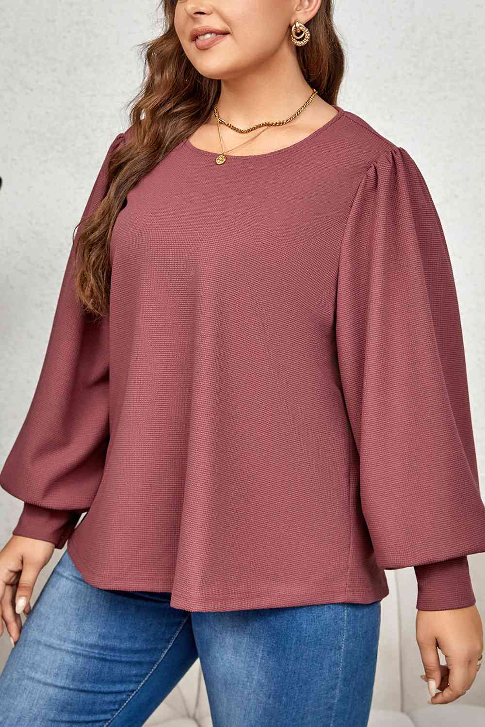 Plus Size Round Neck Puff Sleeve Top, 1XL-4XL