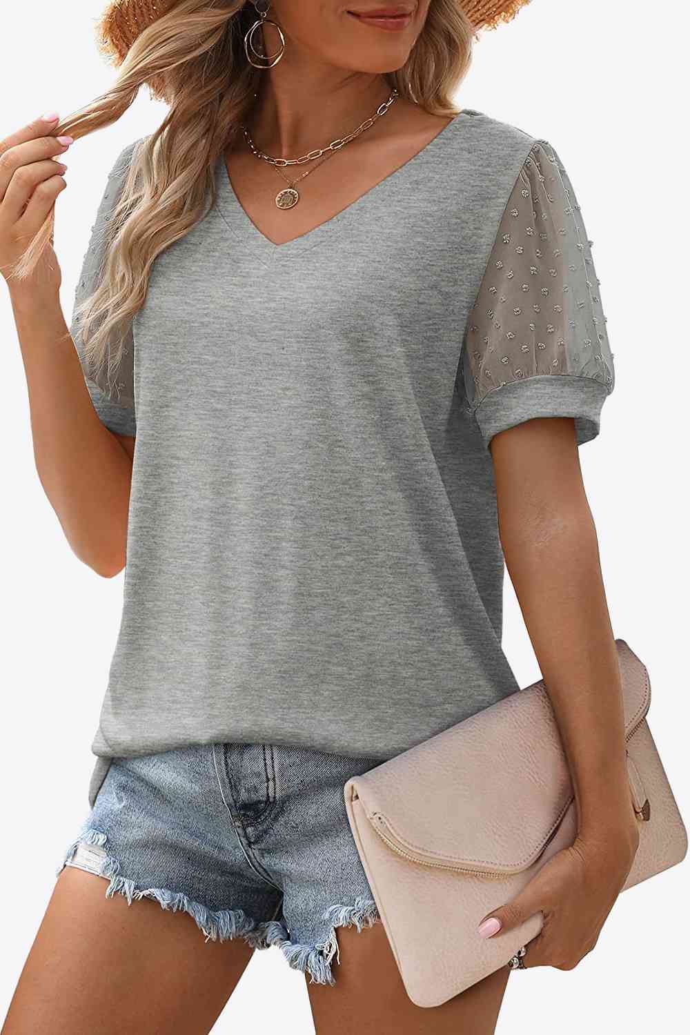 Swiss Dot Puff Sleeve V-Neck Tee, S-2XL, several color choices