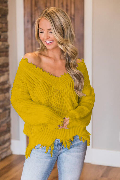 Frayed Hem Dropped Shoulder Sweater, S-2XL, several colors