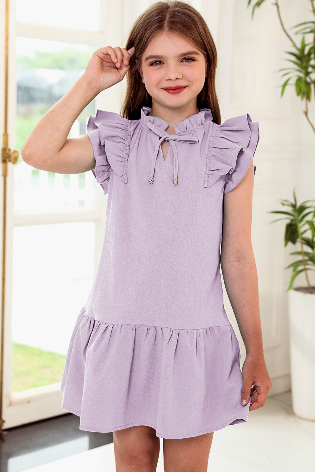 Girls Tie Neck Flutter Sleeve Dress, several color choices