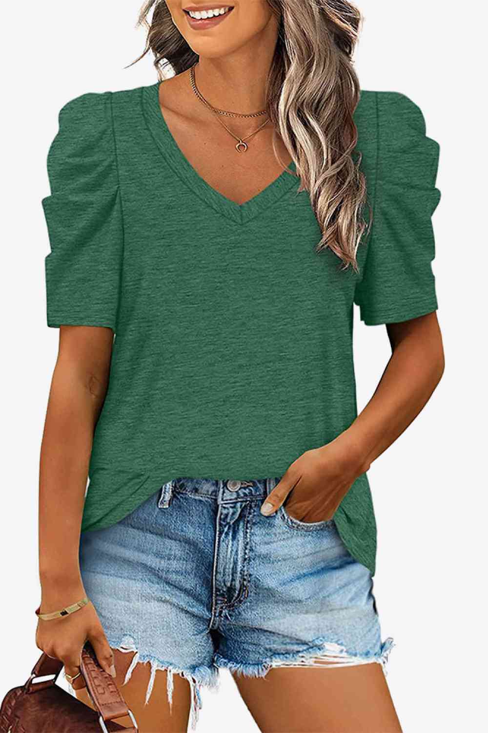 V-Neck Puff Sleeve Tee, S-2Xl, several color choices