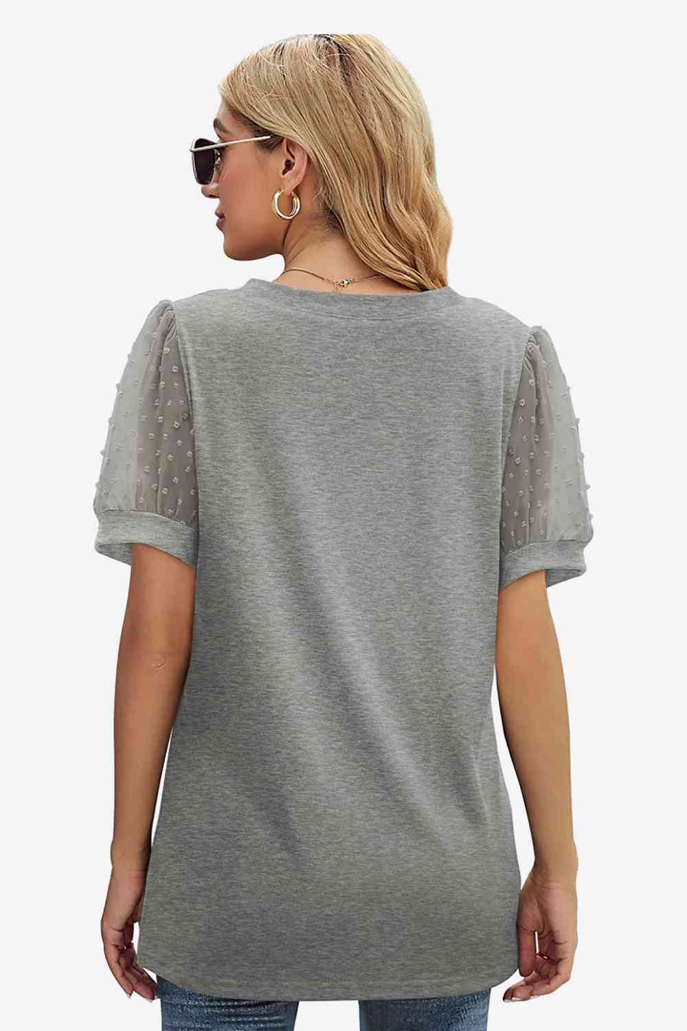 Swiss Dot Puff Sleeve V-Neck Tee, S-2XL, several color choices