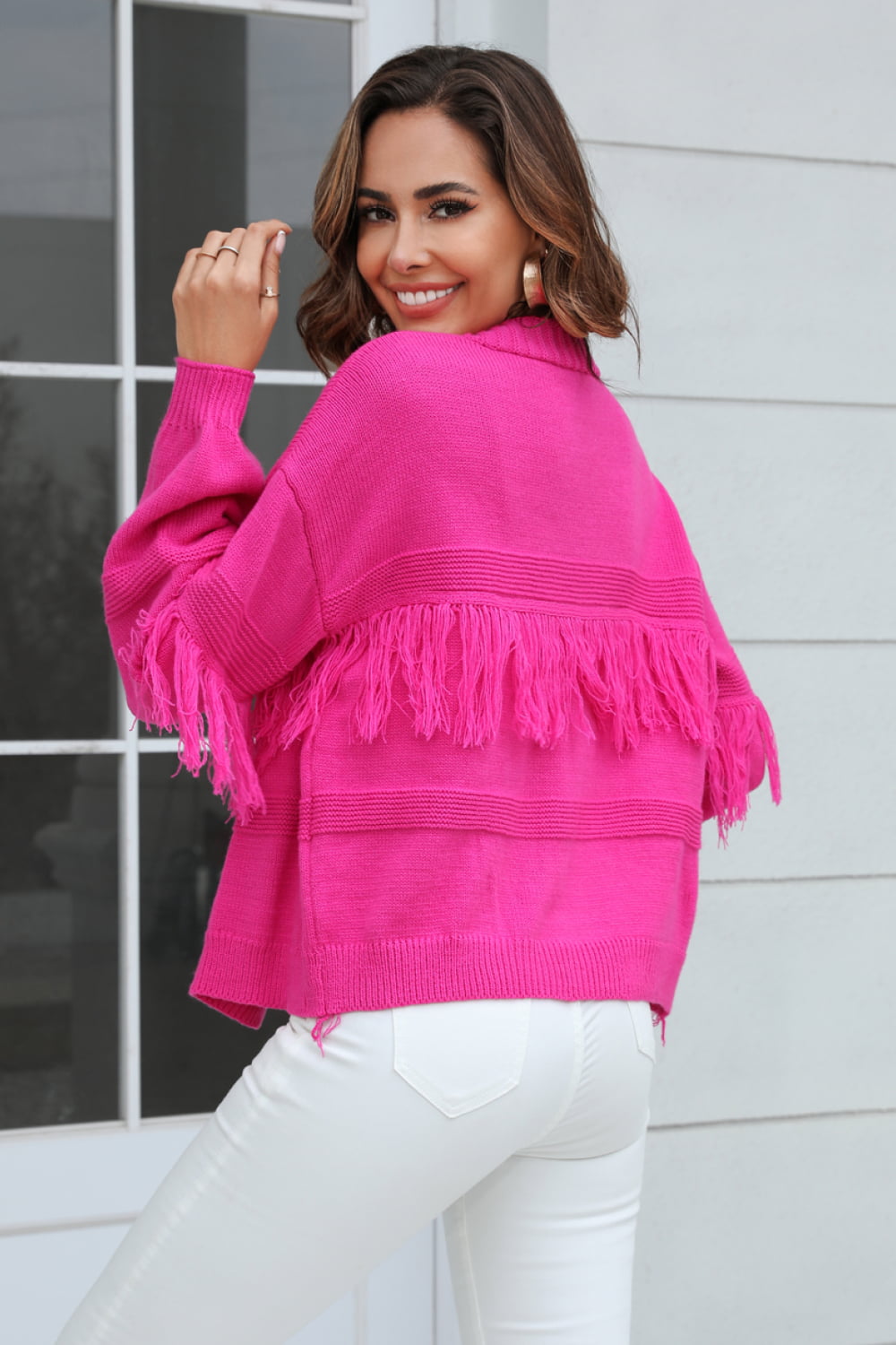 Fringe Trim Open Front Cardigan, S-XL