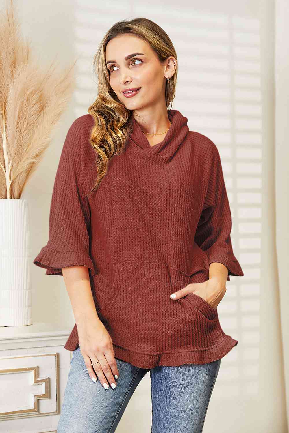 Waffle-Knit Ruffle Hem Hoodie, S-3XL, several color choices