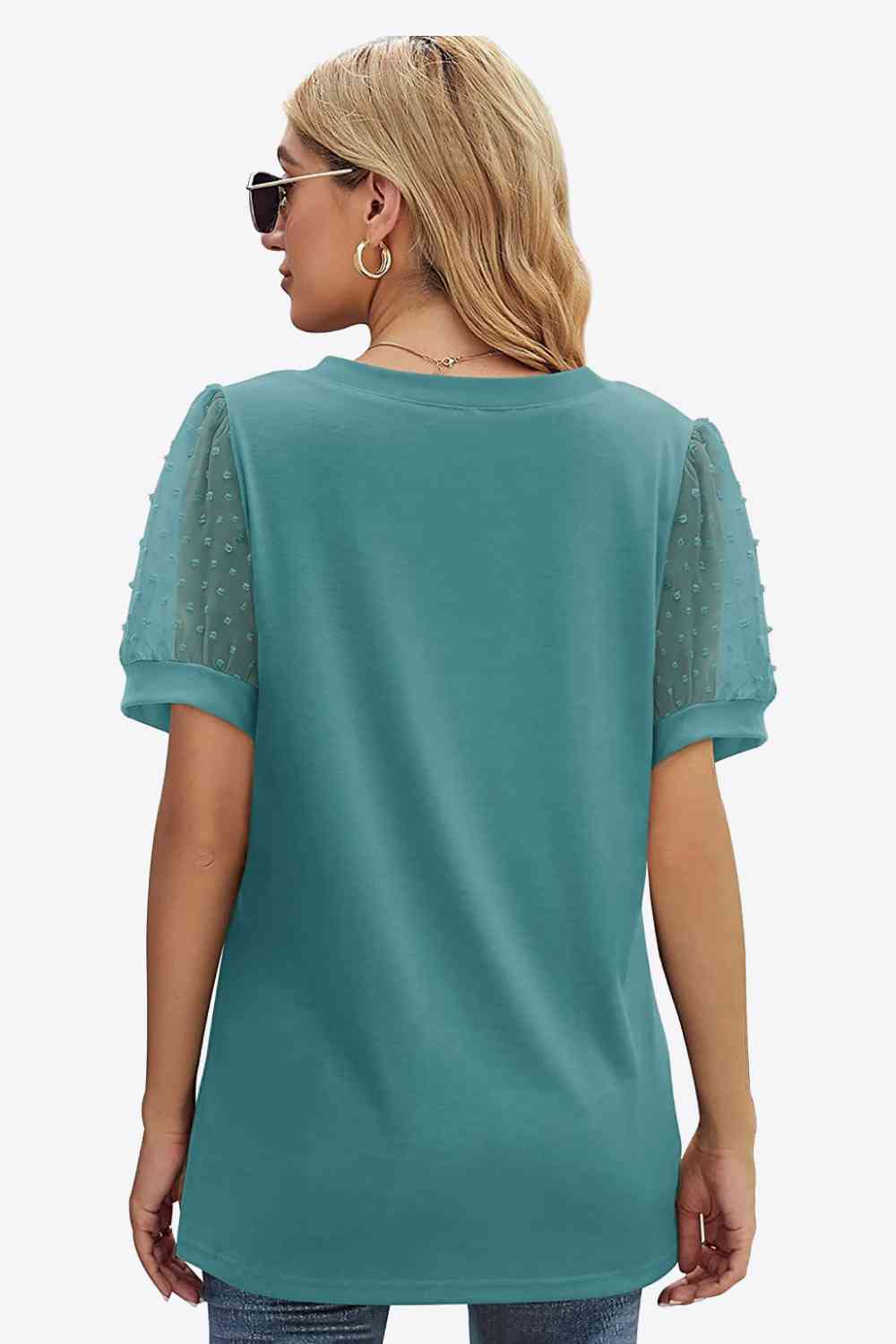 Swiss Dot Puff Sleeve V-Neck Tee, S-2XL, several color choices