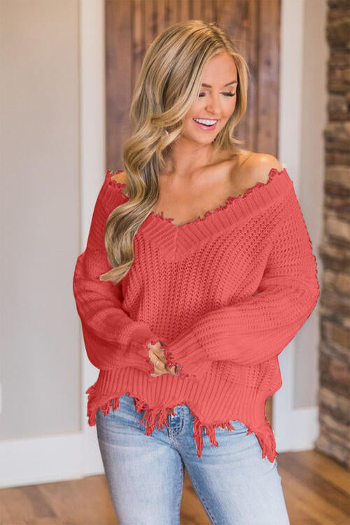 Frayed Hem Dropped Shoulder Sweater, S-2XL, several colors