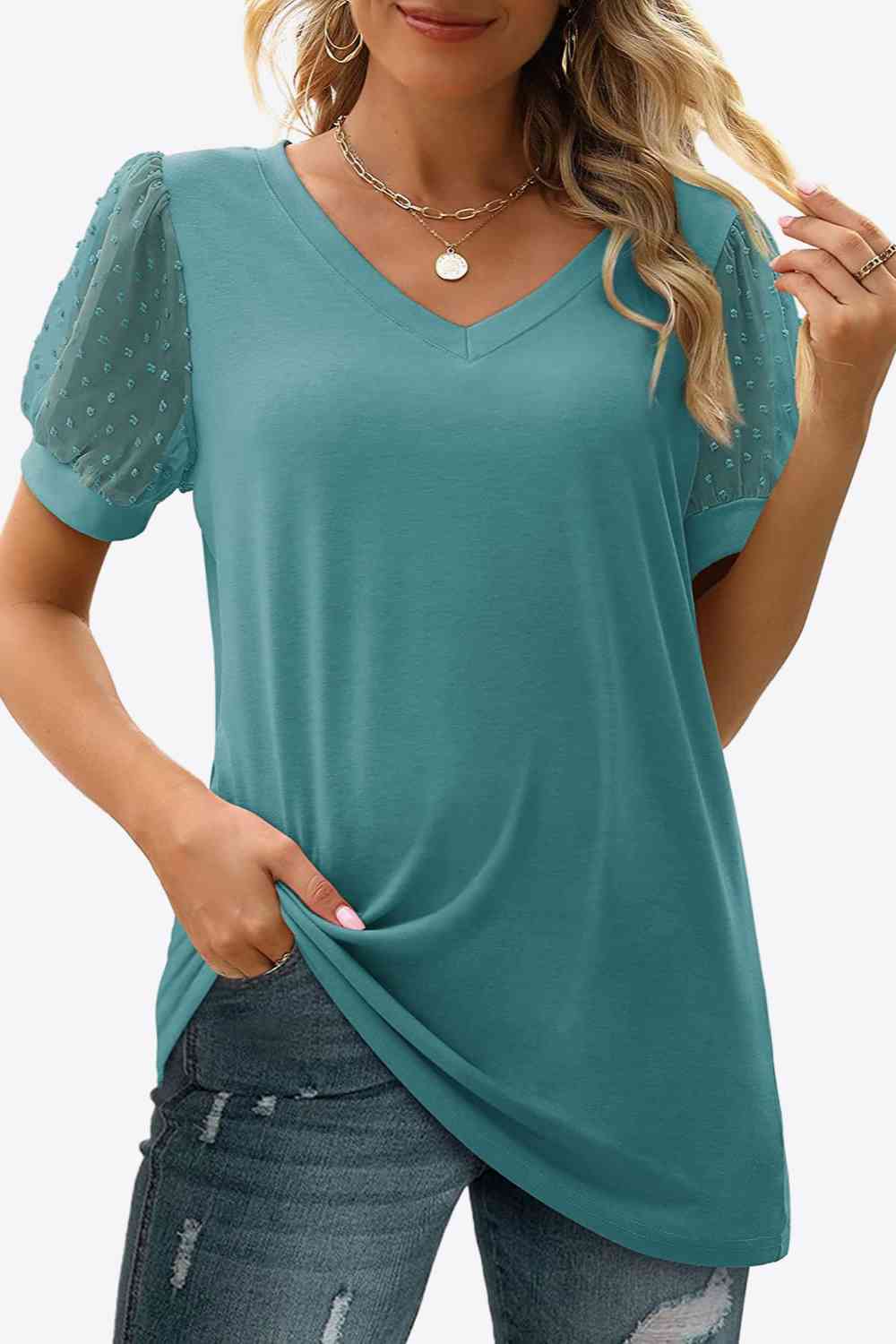 Swiss Dot Puff Sleeve V-Neck Tee, S-2XL, several color choices