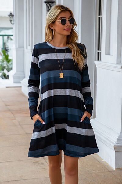 Striped Round Neck Long Sleeve Dress, S-2XL, several color choices