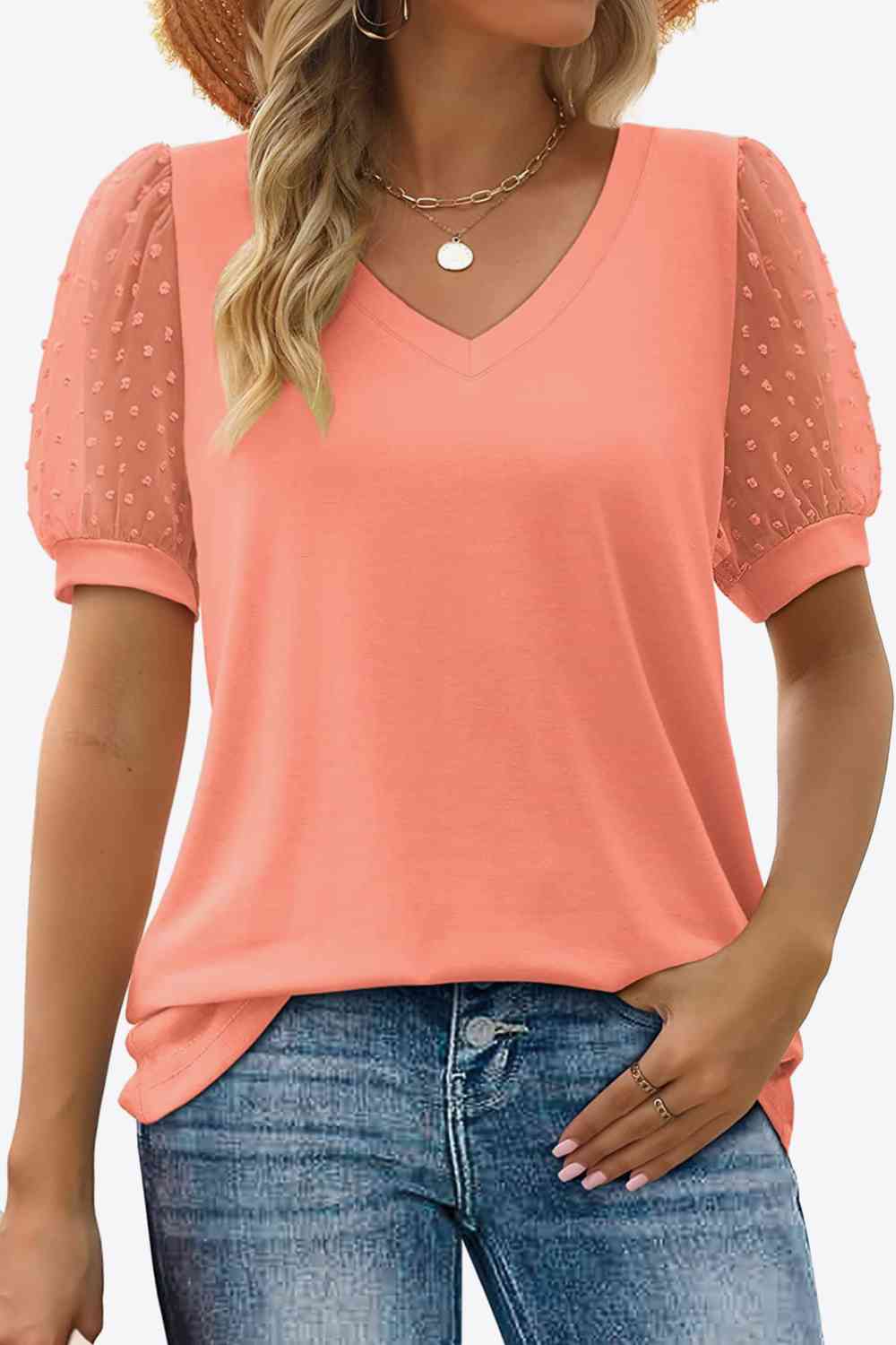 Swiss Dot Puff Sleeve V-Neck Tee, S-2XL, several color choices