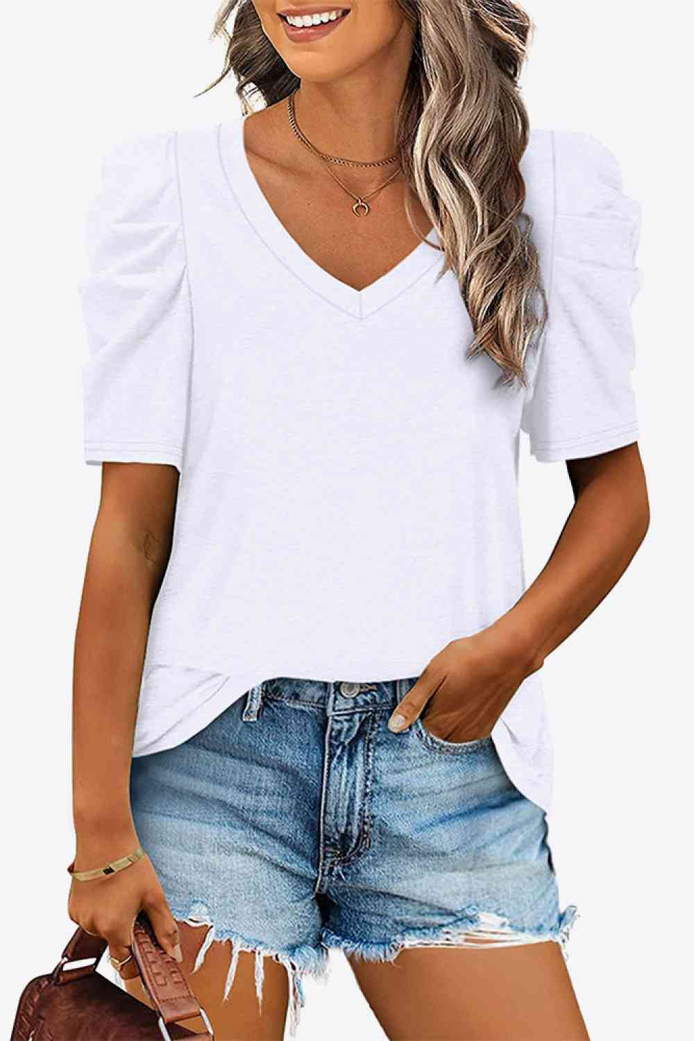 V-Neck Puff Sleeve Tee, S-2Xl, several color choices