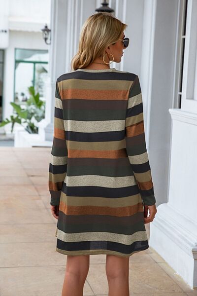 Striped Round Neck Long Sleeve Dress, S-2XL, several color choices