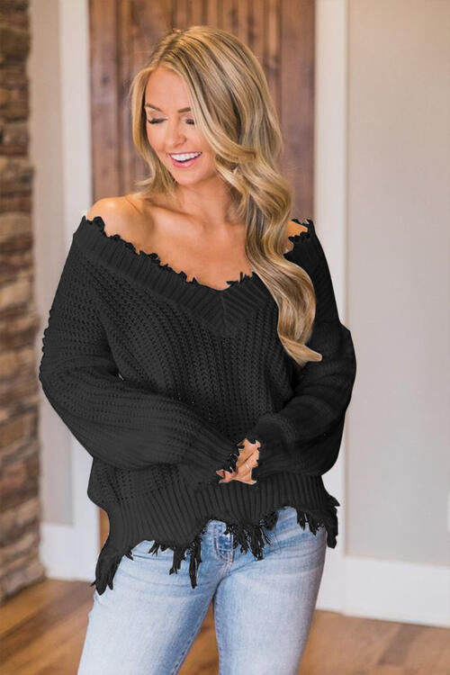 Frayed Hem Dropped Shoulder Sweater, S-2XL, several colors