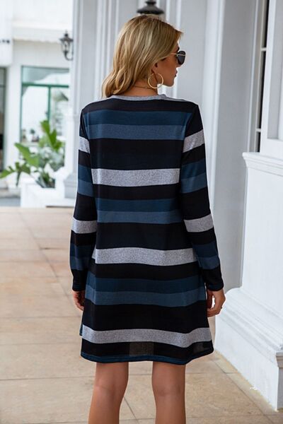 Striped Round Neck Long Sleeve Dress, S-2XL, several color choices