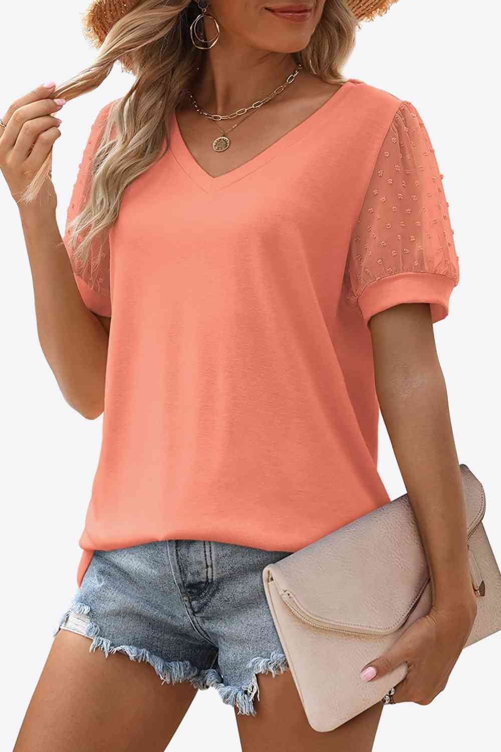 Swiss Dot Puff Sleeve V-Neck Tee, S-2XL, several color choices