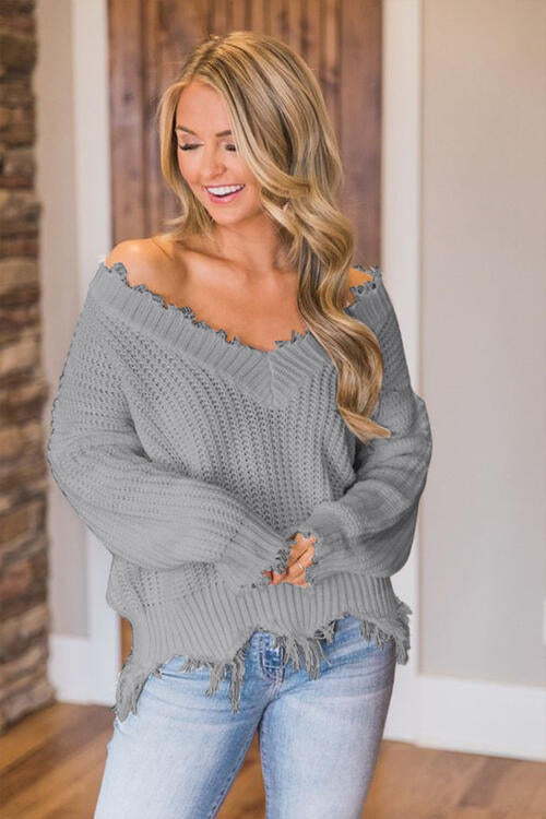 Frayed Hem Dropped Shoulder Sweater, S-2XL, several colors