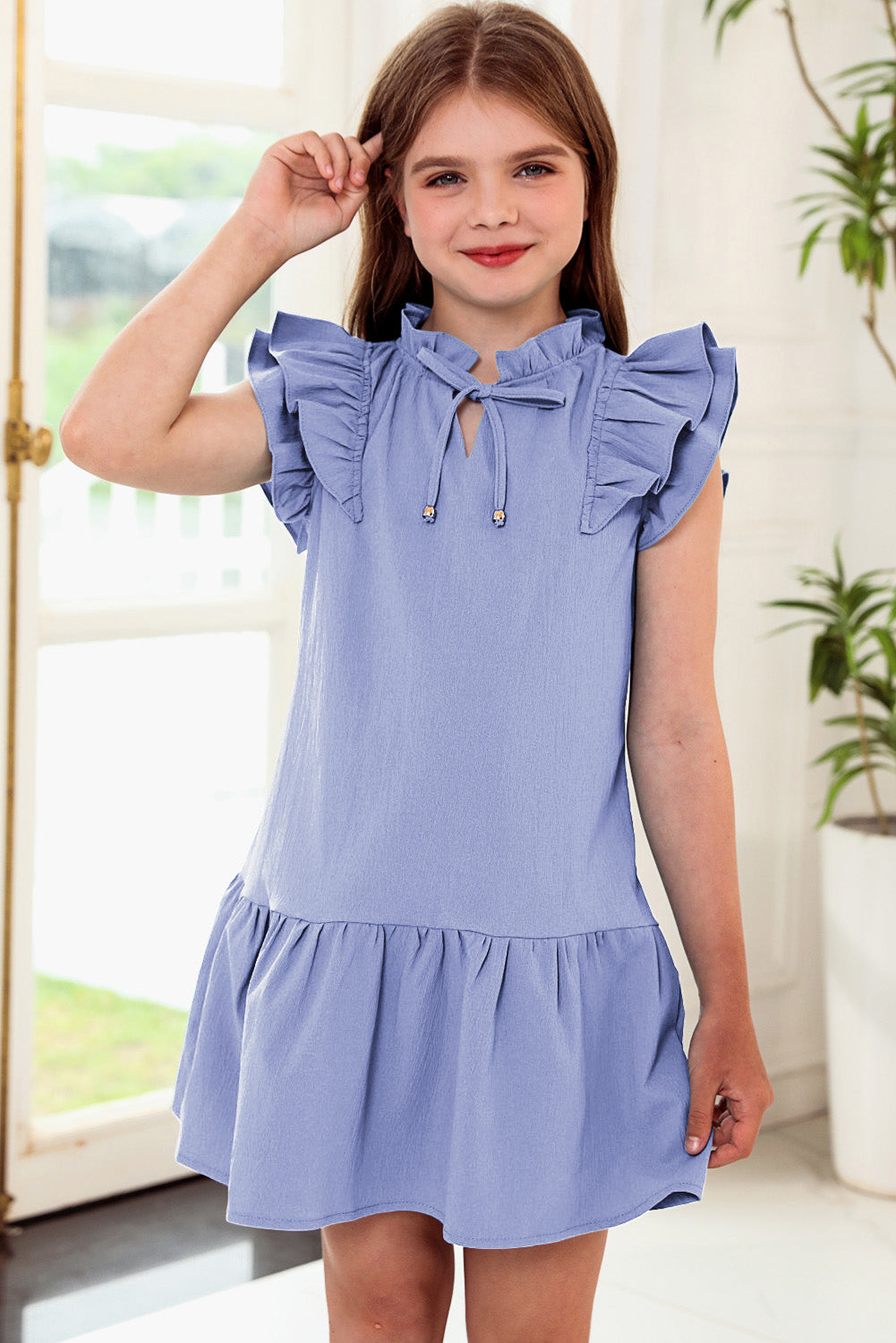 Girls Tie Neck Flutter Sleeve Dress, several color choices