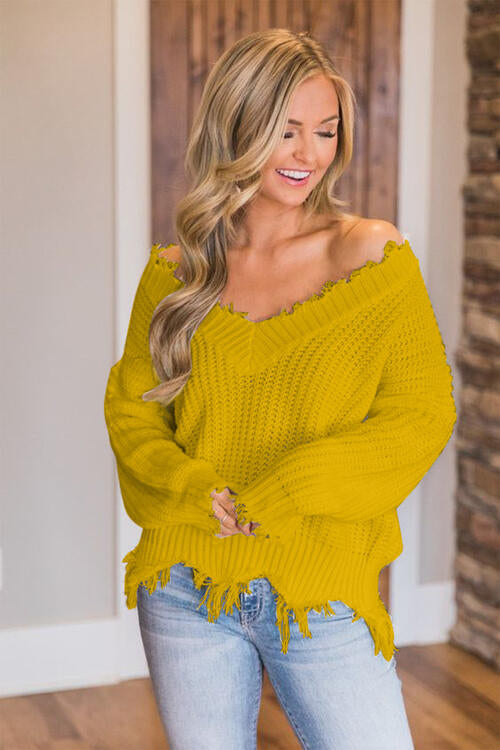 Frayed Hem Dropped Shoulder Sweater, S-2XL, several colors