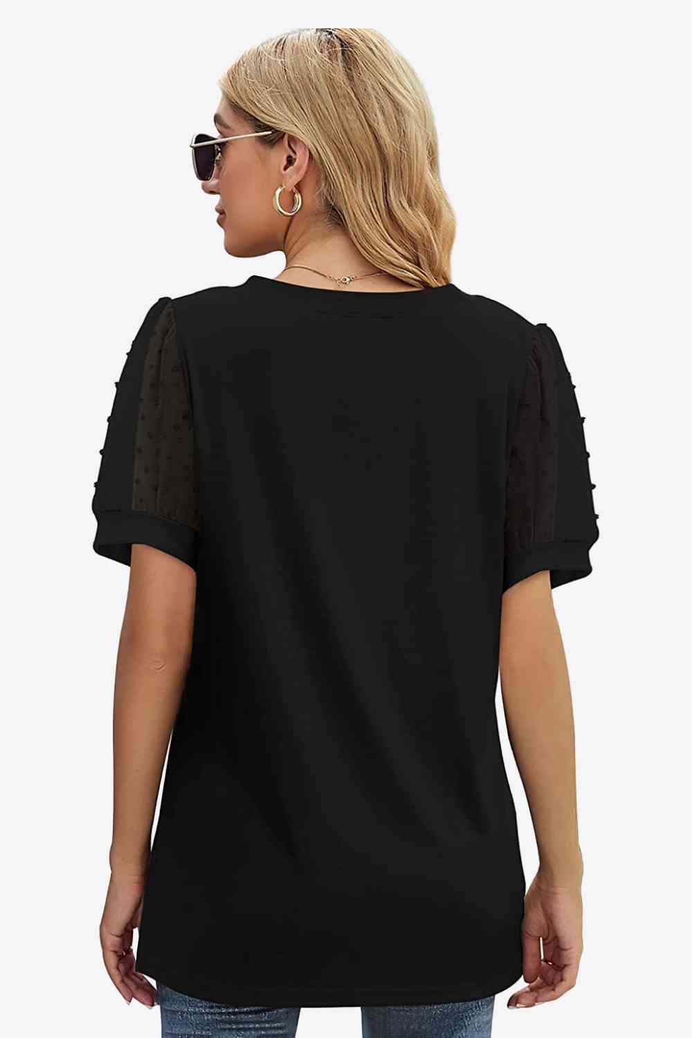 Swiss Dot Puff Sleeve V-Neck Tee, S-2XL, several color choices