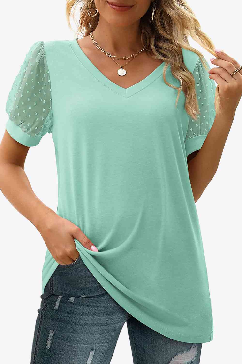 Swiss Dot Puff Sleeve V-Neck Tee, S-2XL, several color choices