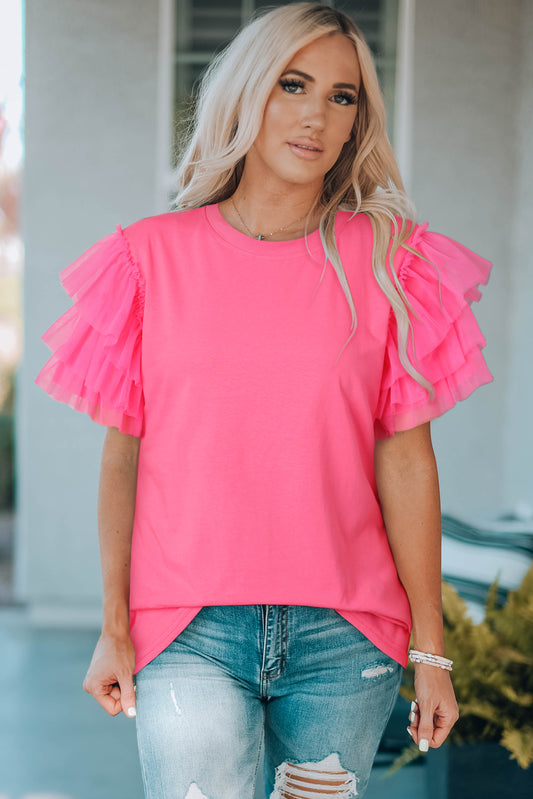 Layered Mesh Sleeve Round Neck Tee, S-XL