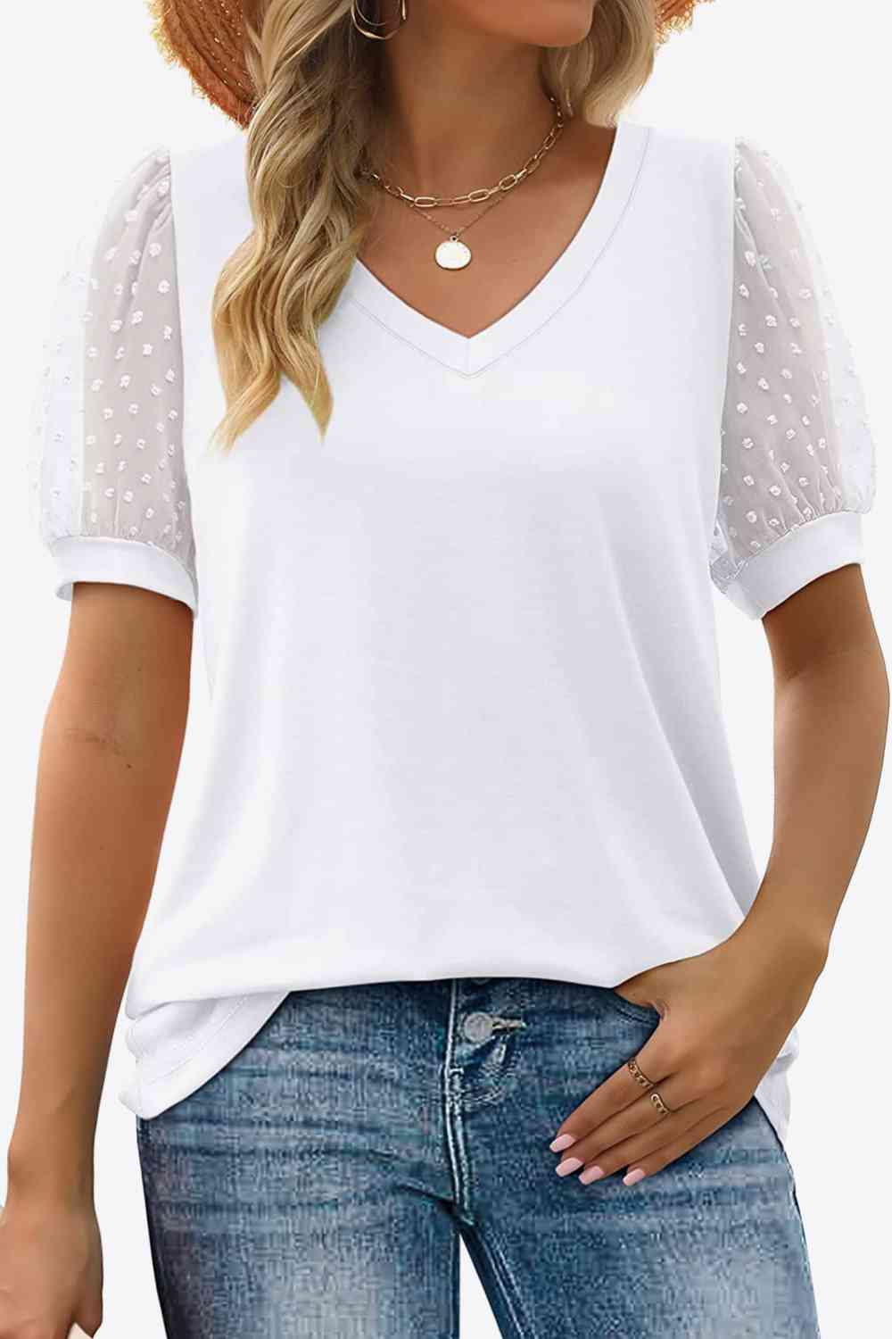 Swiss Dot Puff Sleeve V-Neck Tee, S-2XL, several color choices