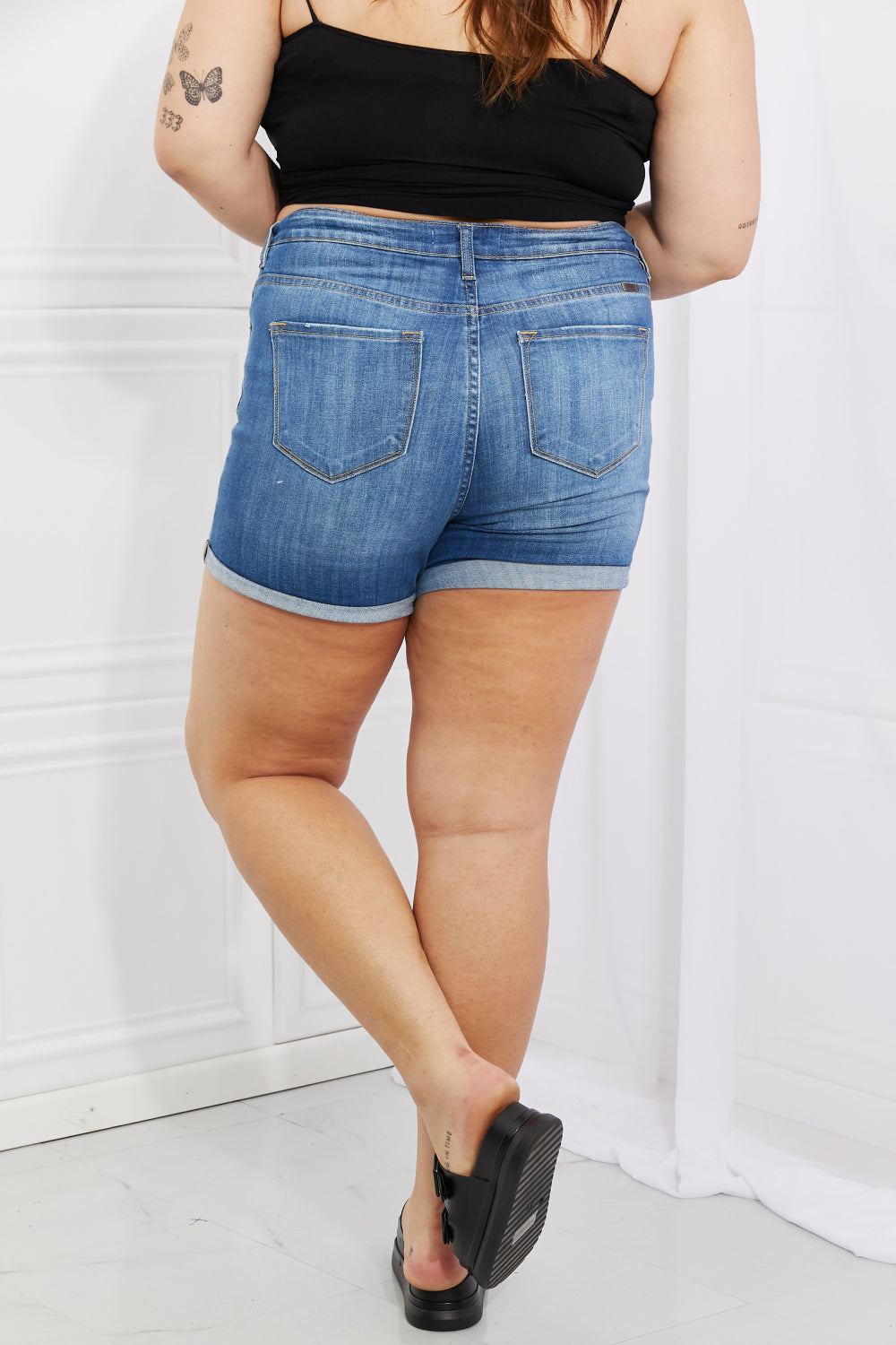 Kancan High Rise Medium Stone Wash Denim Shorts, S-3XL