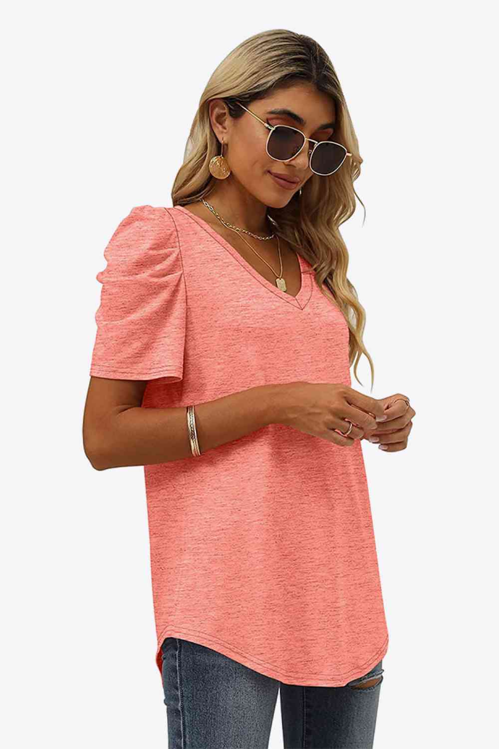 V-Neck Puff Sleeve Tee, S-2Xl, several color choices